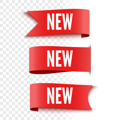 New sale tags on transparent background. Red labels. Ribbons. Vector illustration.