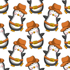 Seamless vector pattern with cute cartoon penguin cowboy
