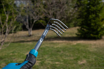 Close-up of a garden rake in the hands of a gardener
