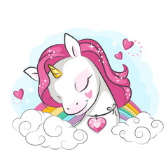 Cute little unicorn with pink mane and a heart shaped magic crystal on his neck. Isolated. Beautiful picture for your design.