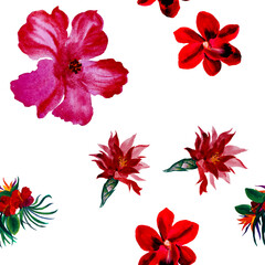 Pink Hibiscus Texture. Red Watercolor Leaf. Purple Seamless Leaves. Flower Palm Pattern Leaves. Tropical Set. Summer Textile.Isolated Illustration.