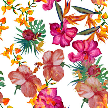 Yellow Seamless Leaves. Colorful Hibiscus Illustration. Pink Watercolor Illustration. Purple Tropical Illustration. Orange Pattern Texture. Floral Leaf. Botanical Set.