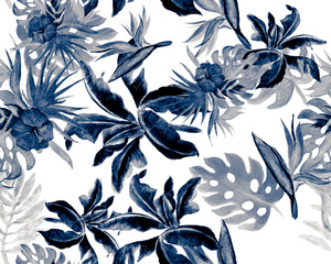 Cobalt Monstera Painting. Navy Banana Leaf Plant. Indigo Seamless Plant. Azure Pattern Painting. Blue Watercolor Print. Tropical Plant. Botanical Leaf.