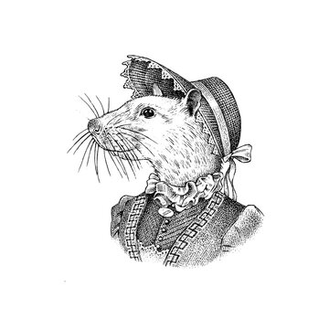White Mouse in hat and suit. Victorian lady or Woman. Fashion animal character. Vector engraved illustration for label, logo and T-shirts or tattoo. Hand drawn sketch.