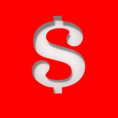 Dollar $ sign white us-dollar currency symbol money cash icon price sale label stencil cut out tag 3d rendering on red background in high resolution