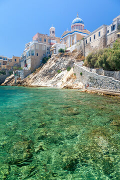 Vaporia district, the most picturesque part of Ermoupoli town, the capital of Syros island, Greece, with its own rocky beach and many old traditional houses, most owned by old captains. 