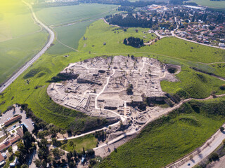 Megiddo national park in Israel. Archeological site of biblical Tel Megiddo also known as...