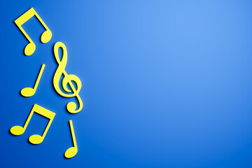 Set of yellow musical notes on blue background. 3d render - 437672680