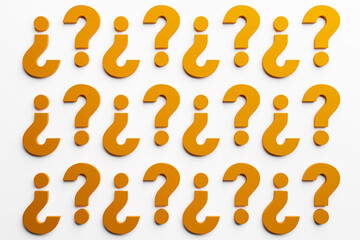 Set of golden question marks on white background. Repeating pattern. 3d render