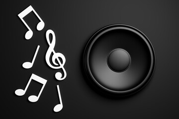 Music speaker and set of white musical notes on dark background. 3d render - 437672685
