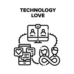 Technology Love Relation Vector Icon Concept. Chatting Lovely Messages On Smartphone Screen And Video Call On Computer Technology Love Keeping On Distance. Social Media Black Illustration