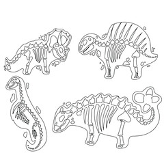 Dinosaur skeleton in cartoon style. The bones of a prehistoric animal. Archeology. Black and white Vector illustration isolated on white background.