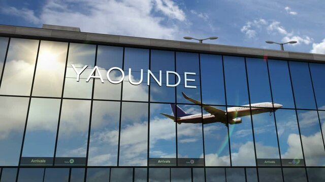 Jet aircraft landing at Yaounde, Cameroon 3D rendering animation. Arrival in the city with the glass airport terminal and reflection of the plane. Travel, business, tourism and transport concept.