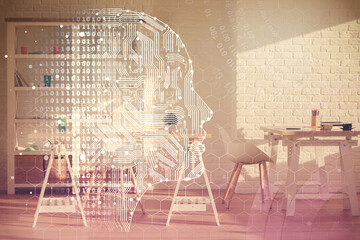 Multi exposure of brain drawing and office interior background. Concept of data technology.