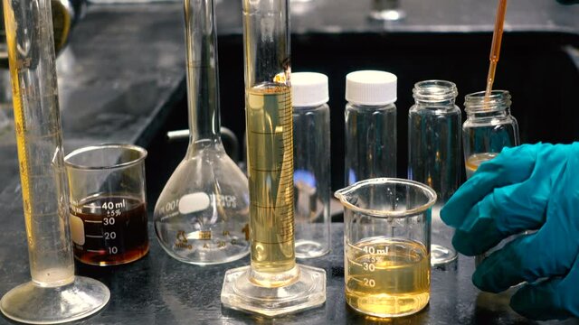 Chemists mixed up chemical for lab test to find particle content or solution in test tube in the laboratory experiment. Chemical and Oil concept