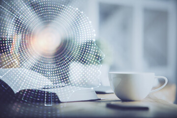 Double exposure of brain drawing and desktop with coffee and items on table background. Concept of research.