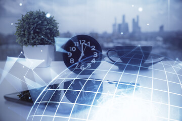 Double exposure of map drawing and cell phone background. Concept of data globalization