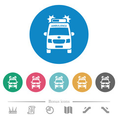 Flashing ambulance car front view flat round icons