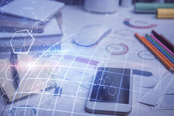 Double exposure of map drawing and cell phone background. Concept of data globalization