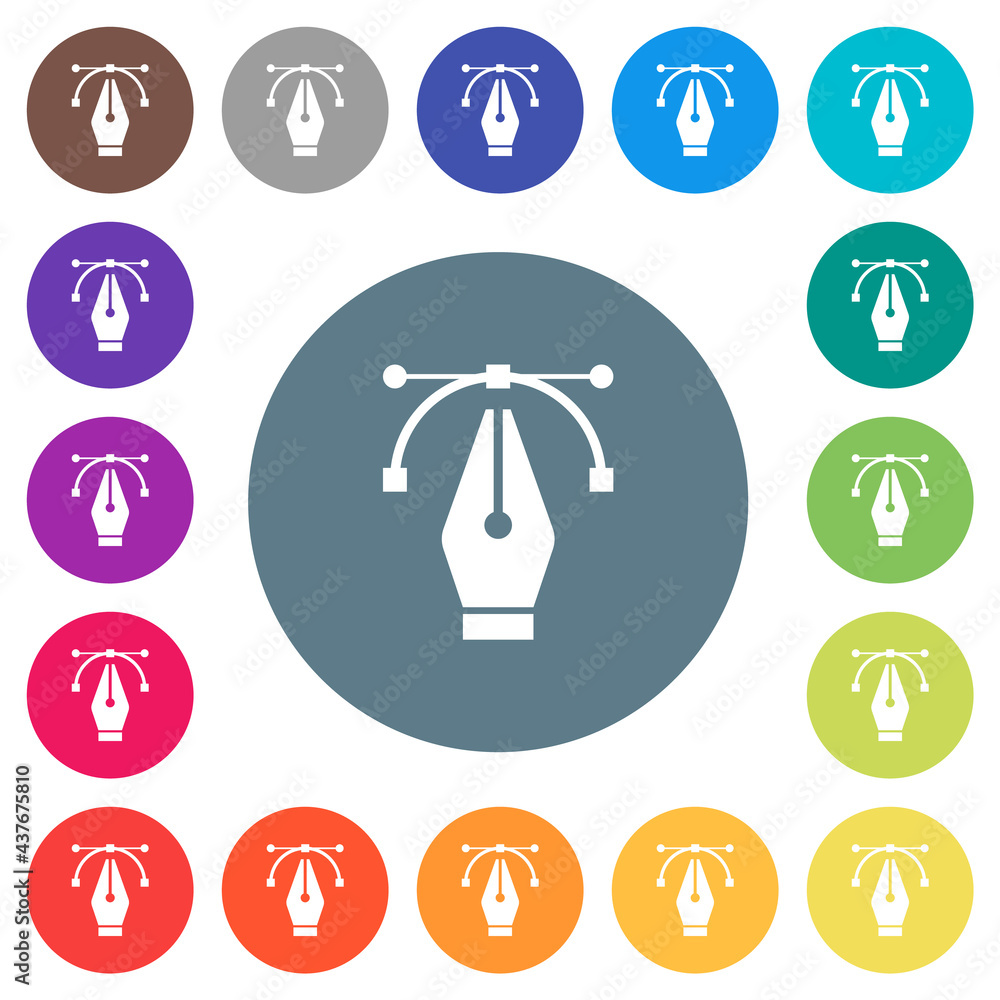 Poster editing vector curve with pen tool flat white icons on round color backgrounds