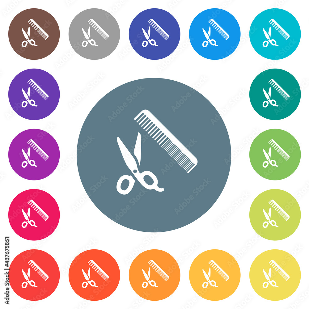 Poster comb and scissors flat white icons on round color backgrounds