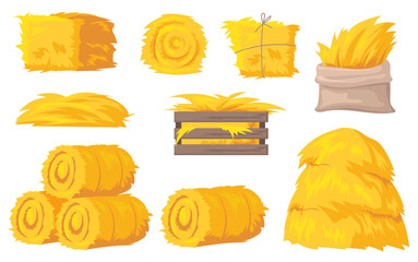 Bales and stacks of hay vector illustrations set. Flat yellow haystacks, round bales of wheat straw for feeding farm animals isolated on white background. Farming, agriculture, countryside concept © PCH.Vector
