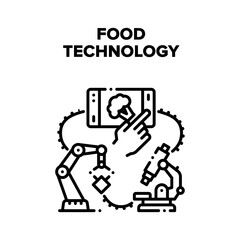 Food Technology Vector Icon Concept. Food Technology Production And Researching Quality With Laboratory Microscope. Factory Robotic Arm On Conveyor, Choosing Nutrition On Smartphone Black Illustration