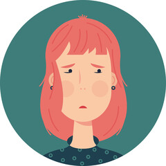 Cute avatar for one sad or resentment ginger hair young woman. Vector illustration in pastel colour.