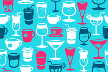 Various DRINKS seamless pattern. Repetitive vector illustration of various drinks silhouettes. Bar pub design deco. Coffee, tea and various alcohol drinks. Cafe, kitchen textile wallpaper. 