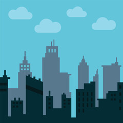 Flat illustration, portrait of a city, sky, clouds, 3d illustration with buildings, windows, doors EPS Vector