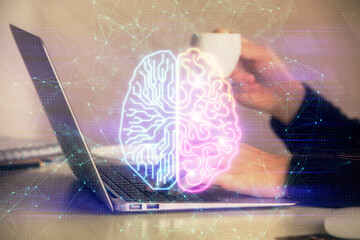 Multi exposure of woman hands working on computer and human brain hologram drawing. Ai tech concept.