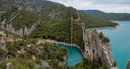 Obraz na płótnie Canvas Amazing sharp rocks near Finestras uninhabited village at the edge of Canyelles reservoir, Spain