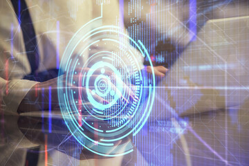 Obraz premium Multi exposure of woman hands working on computer and data theme hologram drawing. Tech concept.