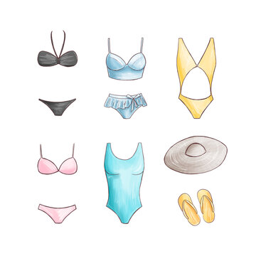 Different types of swimsuits icons in set. Fashion Swimming accessories. Big set with woman beach clothes. Summer collection: swimsuit, bikini, monokini Stylish swimwear design Hand drawn illustration