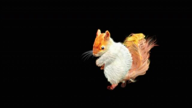 White squirrel Dance CG fur. 3d rendering, animal realistic CGI VFX, Animation Loop, composition 3d mapping cartoon, Included in the end of the clip with Alpha matte.