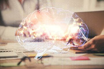 Multi exposure of woman hands working on computer and brain hologram drawing. Ai concept.