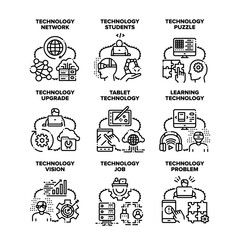 Technology Upgrade Set Icons Vector Illustrations. Student Learning Technology And Network Problem Solve, Vision And Job, Tablet Device And Puzzle Game. Development And Testing Black Illustration