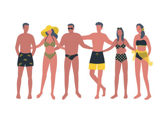 Obraz premium Young women and young men in swimsuits and swimming trunks are standing together. Happy people friends in beach suits are standing and hugging. Vector illustration isolated on a white background