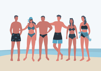 Fototapeta premium Young people in beach suits stand on the seashore. Young women and young men in swimsuits and swimming trunks are standing together. Friends in beach suits are standing and hugging. Vector