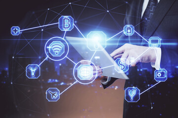 Double exposure of man's hands holding and using a phone and social network theme drawing.