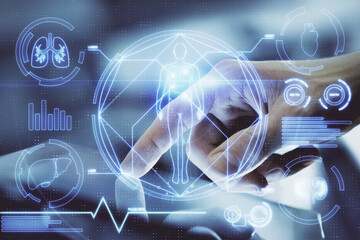 Double exposure of man's hands holding and using a phone and education theme drawing.