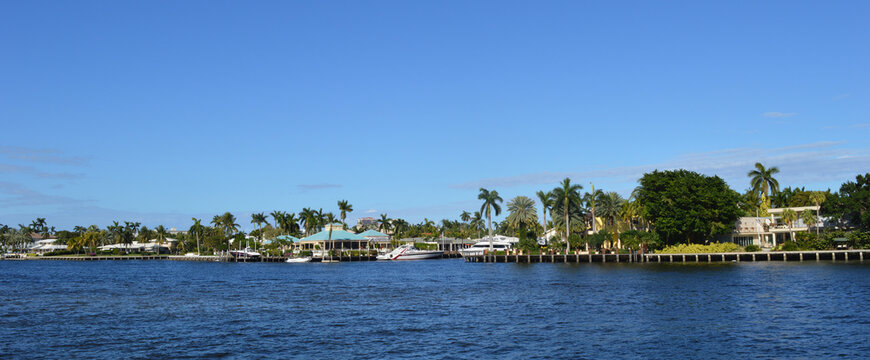 Panorama view of luxurious properties in Fort Lauderdale canals, Florida, USA.