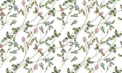 Hand drawn watercolor seamless pattern with meadow wild flowers. Clover wild flowers pattern