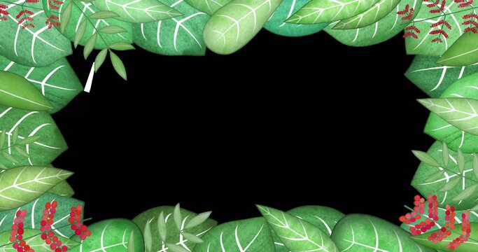 Stylized picture frame made of animated leaves. An endlessly looped vegetable border with a blank space for text or information. Floral pattern with transparent background.