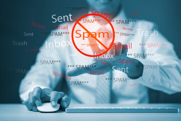 Email concept with laptop spam and virus computer monitor internet security concept, businessman...
