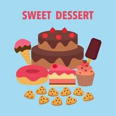 Sweet dessert and bakery concept vector illustration. Cake, cookies, cupcake, donut and ice cream in flat design.