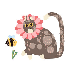 Hand drawn cute floral cat Vector