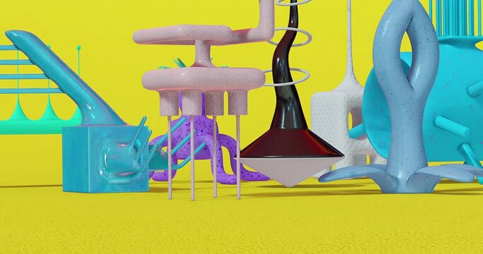 Creative Minimal 3d art. Animated surreal stylish objects in geometric abstract space. Trendy color combination, dynamics, Loop motion, 4k video.