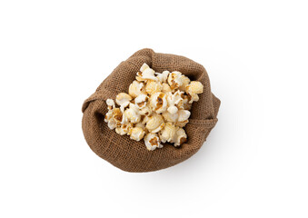 Top view pop corn in sack on isolated white background