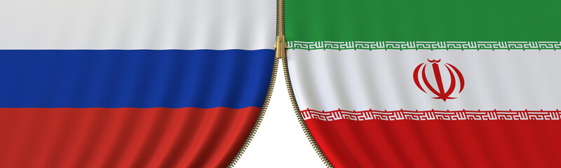 Russia and Iran political cooperation or conflict, flags and closing or opening zipper, conceptual 3D rendering